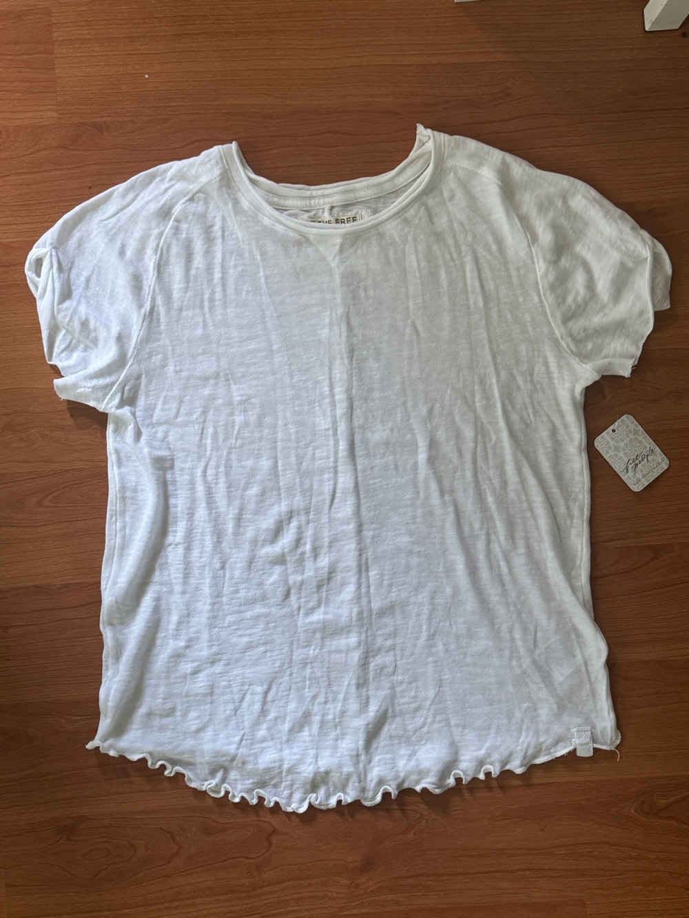 Free People White Lettuce Hem Short Sleeve Tee